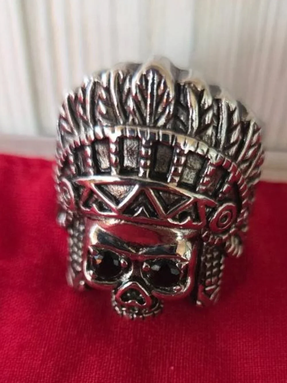 Native American Chief Skull Ring Size 14, CZ Eyes, Indian Head Skull Ring Mens
